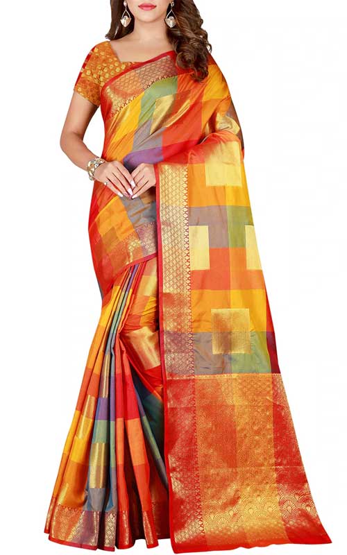 Checkered Zari Motif Woven Saree