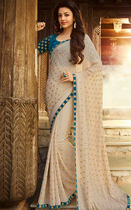 Cream Georgette Woven Saree