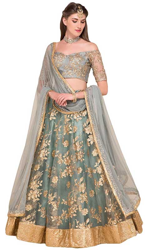 Embroidered Grey Colour Semi Stitched Lehenga