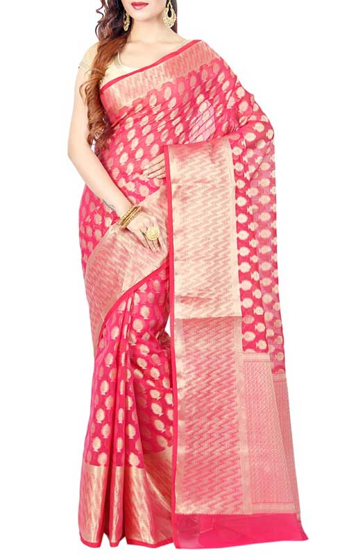 Pink Cotton Blend Woven Saree