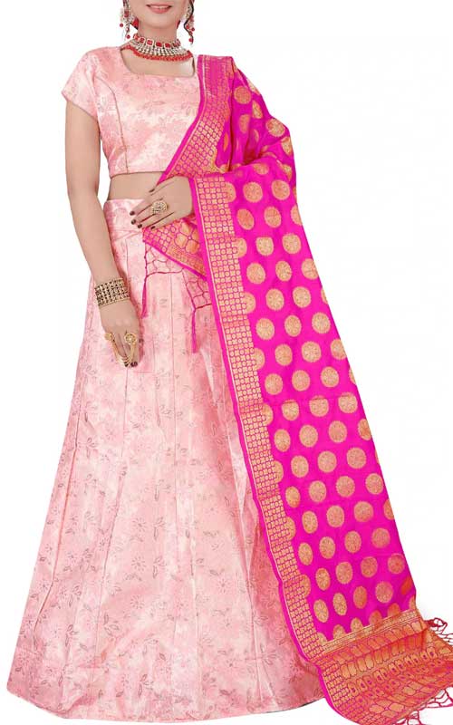 Pink Floral Zari Motif A-Line Lehenga