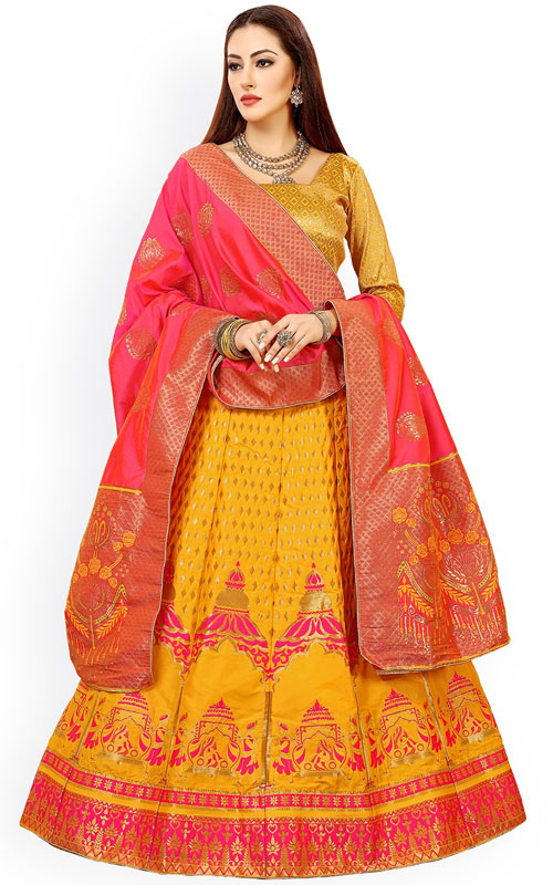 Yellow & Pink Banarasi Silk Lehenga