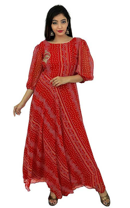 Red Bandhani Georgette Floor Length Festive Kurti