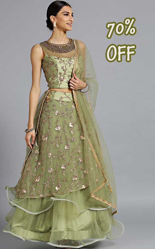 Green Embellished Made to Measure Lehenga with Blouse & Dupatta