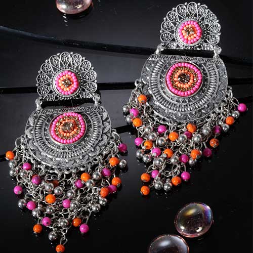 Silver-Plated Pink & Orange Crescent Shaped Drop Earrings