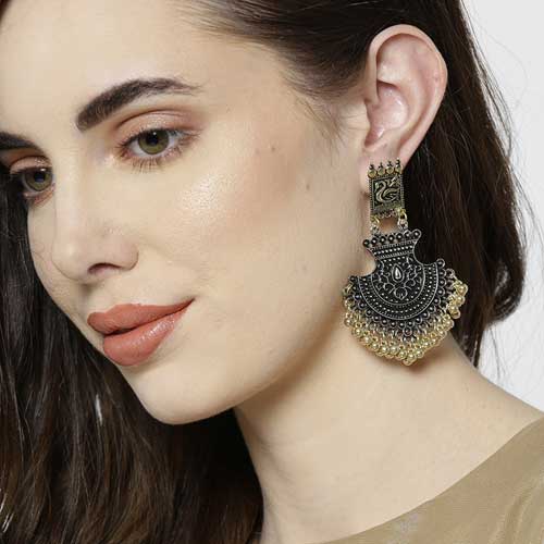 Oxidised Silver-Toned & Gold-Toned Jhumka