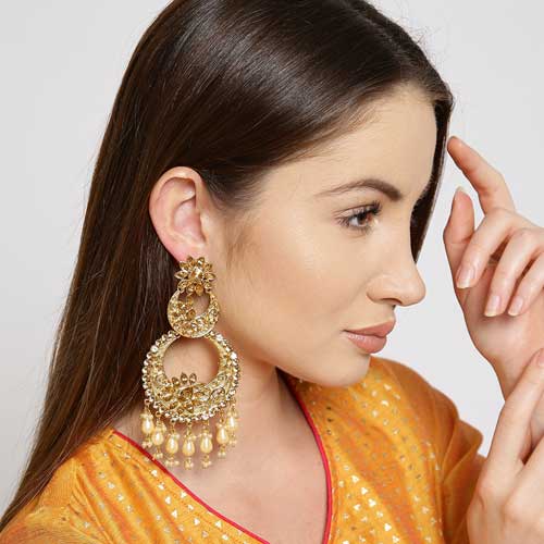 Gold-Plated Stone-Studded Circular Drop Earrings