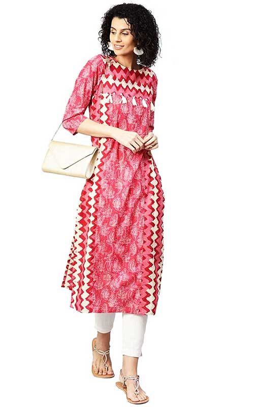 Jaipur Kurti Women Pink & Off White Cotton Kurta & Pant