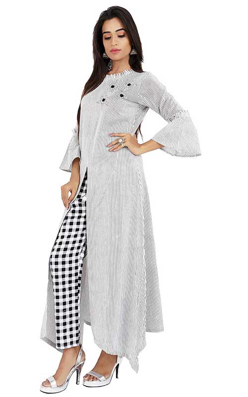 Striped Bell Sleeves Front Slit Cotton Kurta & Checked Pant