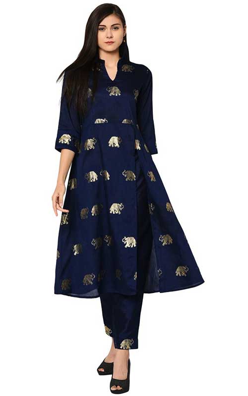 Blue Color Flared Foil Print Kurta Pant Set