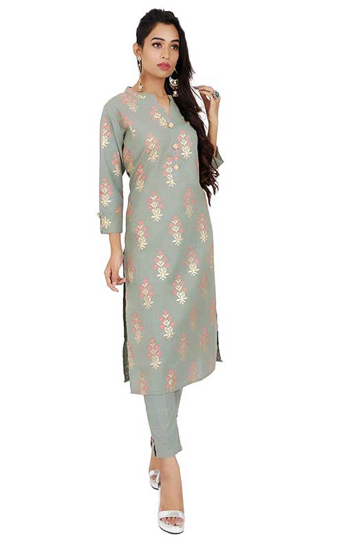 Cotton Green Floral Block Print Straight Kurti & Pant