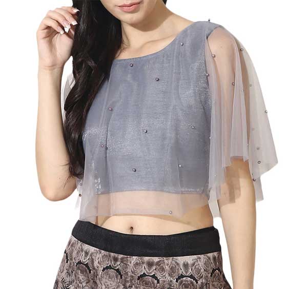 Grey Silk Blend Embroidered Stitched Blouse