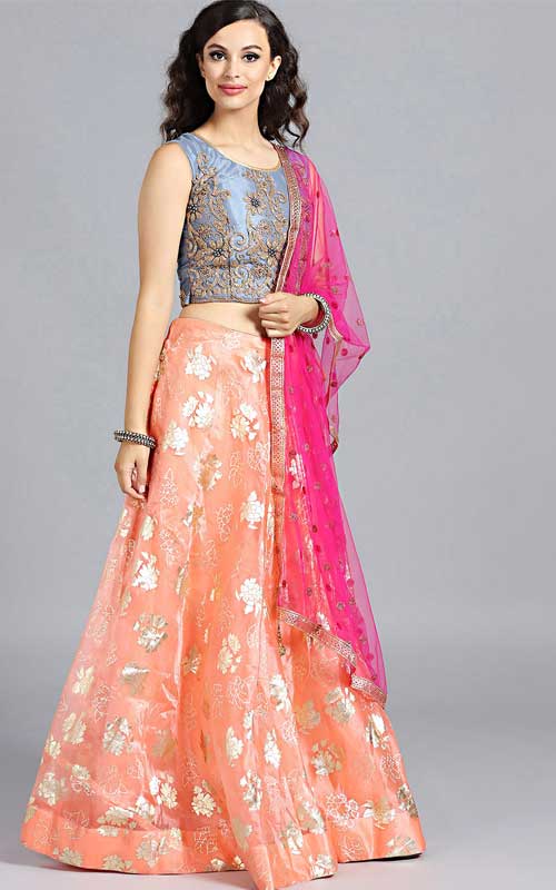 Peach-Coloured & Grey Hand Stitched Made to Measure Lehenga Choli