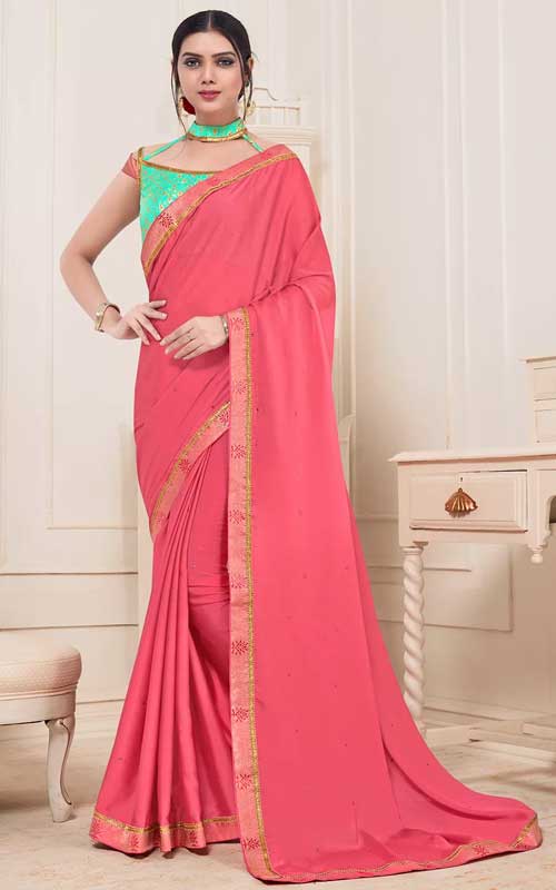 Plain Satin Georgette Saree in Pink