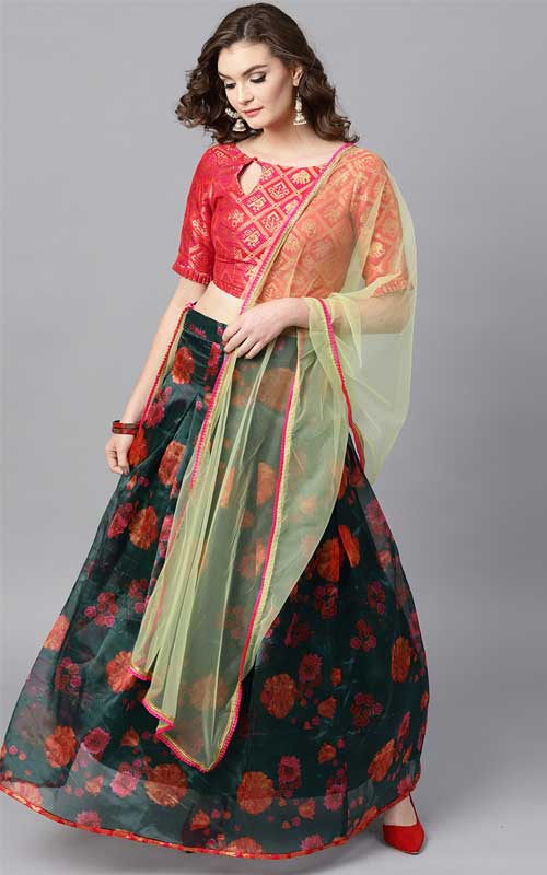 Green & Red Printed Semi-Stitched Lehenga 