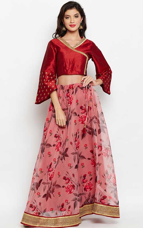 Maroon Printed Embellished Border Lehenga & Blouse