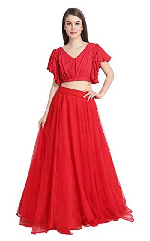 Lehenga With Red Ruffle Sleeve Crop Top