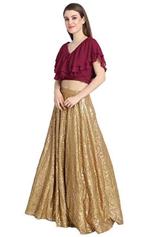 Sequin Lehenga With Wine Ruffle Crop Top