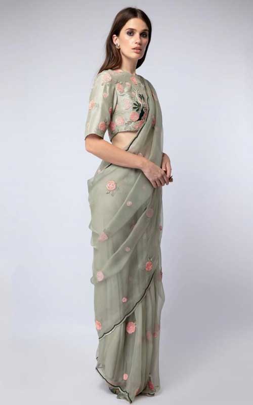 Mint Colour Bird Embroidered Saree