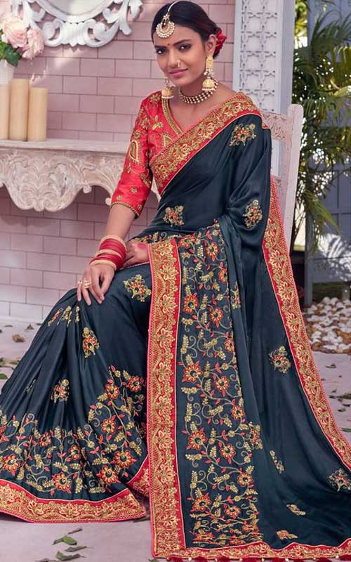 Buy Gray Santoon Embroidery Work Saree 