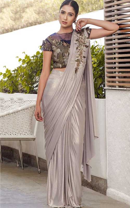 Grey & Gold Lycra Applique Embroidered Saree