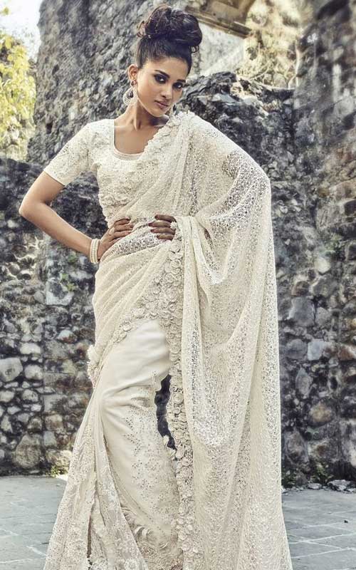 Party Wear Saree Off White Embroidered work