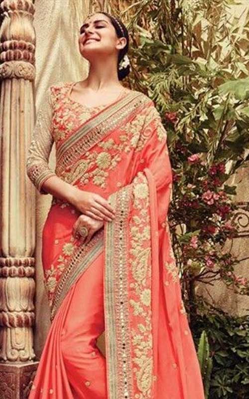 Peche Colour Embroidery Saree 