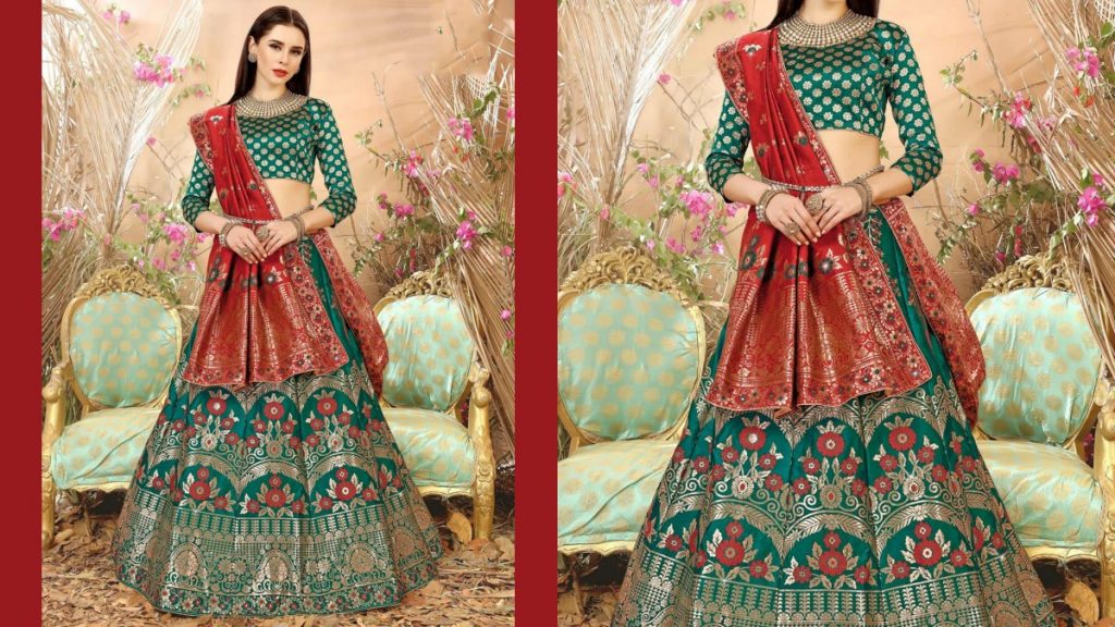 Banarasi Flared Lehenga With Green Full Sleeve Blouse And  Dupatta 