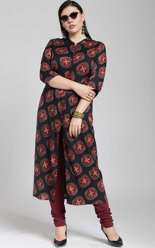 Black & Red Printed A-Line Kurta