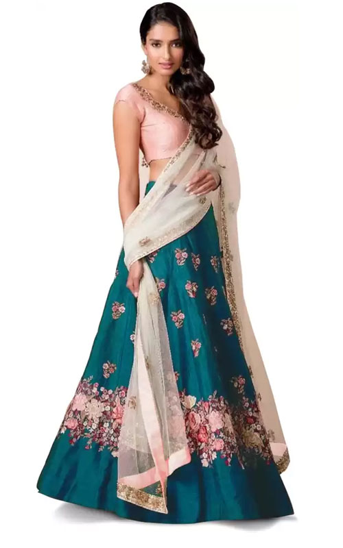 Blue & Orange Embellished Semi Stitched Lehenga