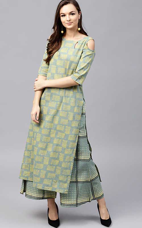 Cold Shoulder Printed Kurta With Palazzo Set