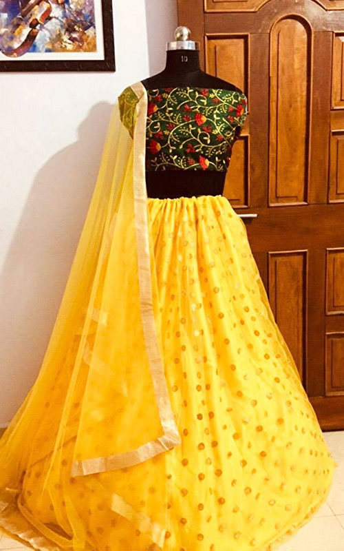 Embroidered Semi Stitched yellow colour Silk lehenga