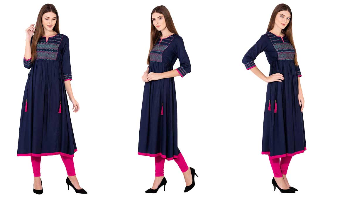 Flared Notched Round Neck Long Kurti