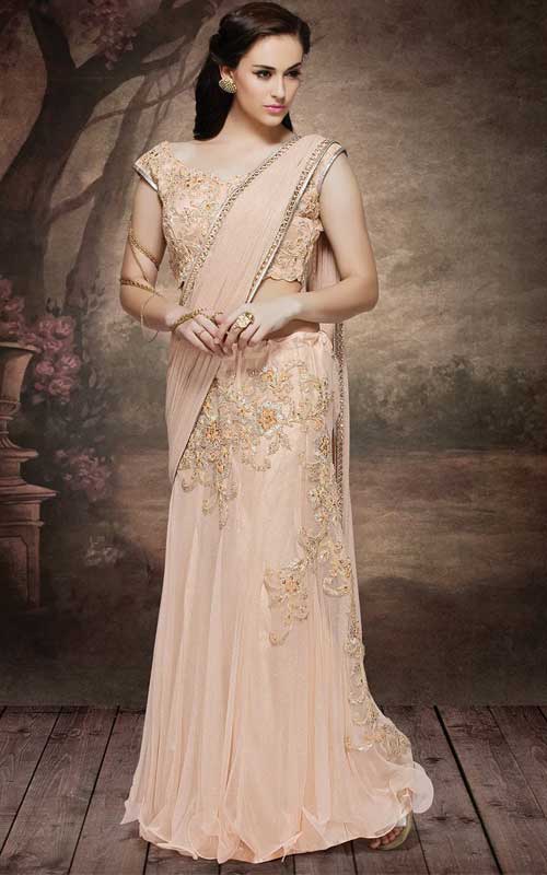 Ghagra Style Lycra Net Saree in Peach