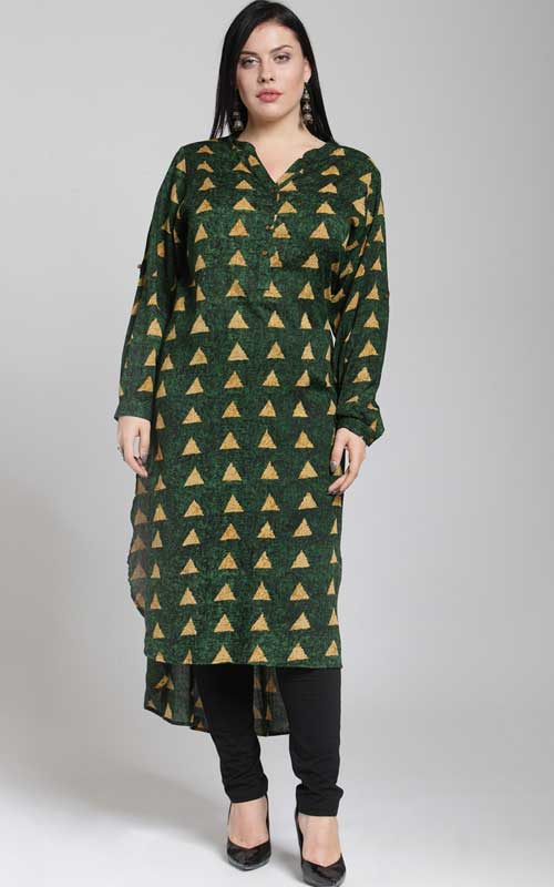 Green & Yellow Printed Straight Kurta