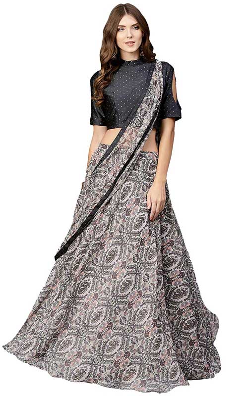 Grey Chiffon Printed Ghagra Style Saree