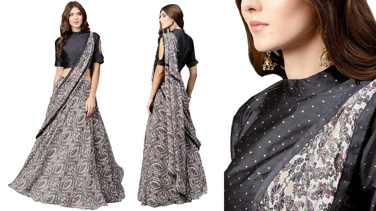 Grey Chiffon Printed lehenga Saree