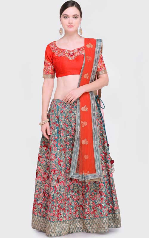 Grey & Orange Embroidered Silk Lehenga 