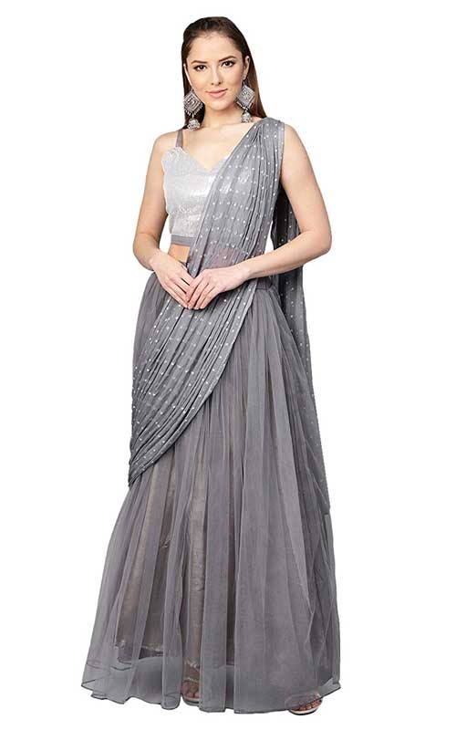 Grey Solid Ghagra Style Saree