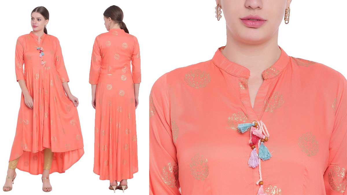 Long Gold Print Plared Rayon Kurta