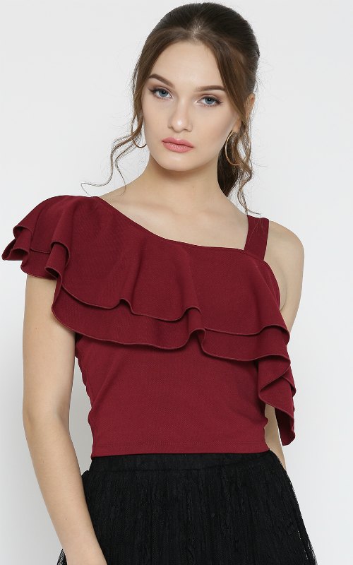 Maroon Solid One Shoulder Crop Top