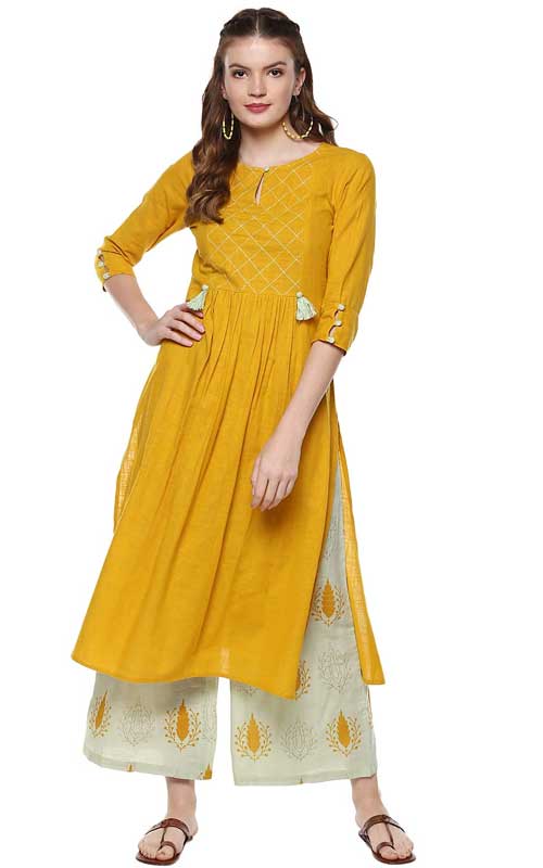 Mustard And Sage Green Kurta Palazzo Set