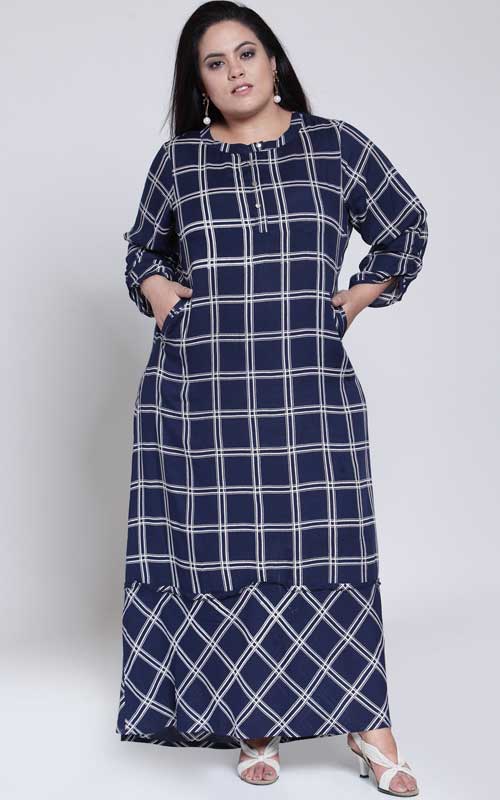 Navy Blue Checked A-Line Kurta