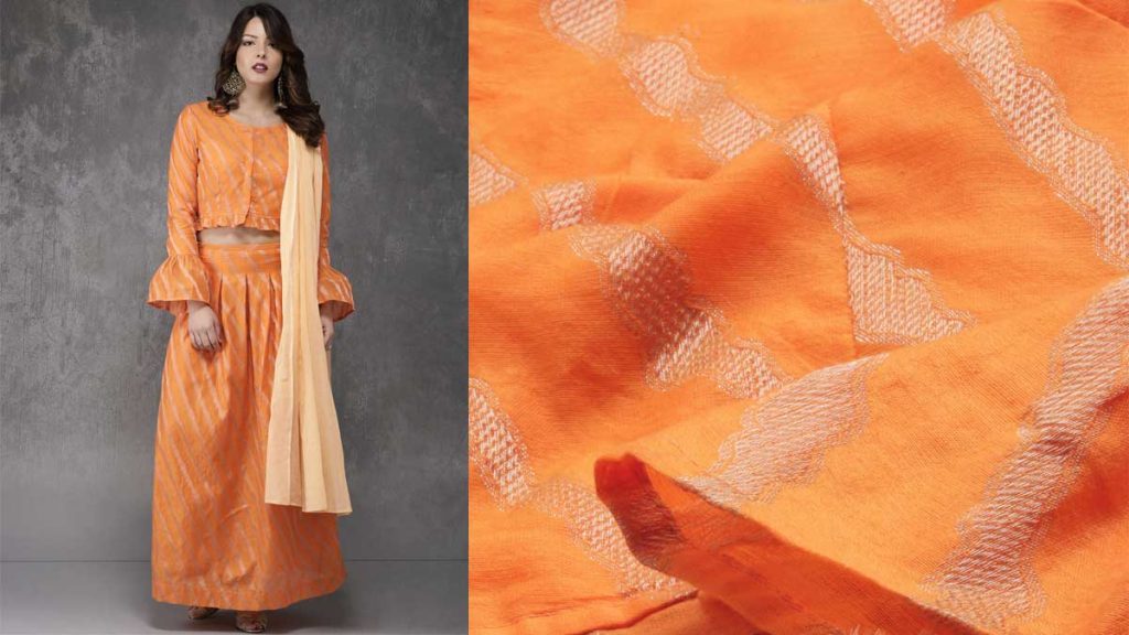 Orange & Gold-Toned Striped Ready to Wear Lehenga