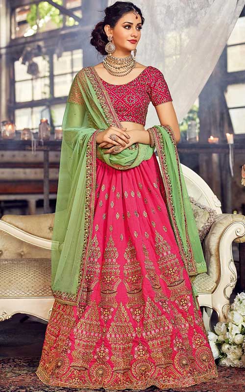 Pink Silk Embroidered Lehenga 