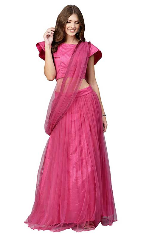 Pink net Solid Ghagra Style Saree