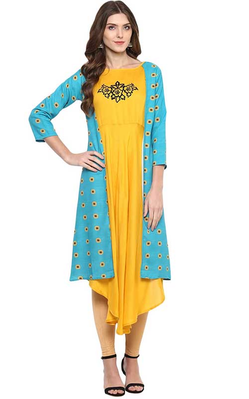 Rayon Floral Printed Jacket Style Long Kurti