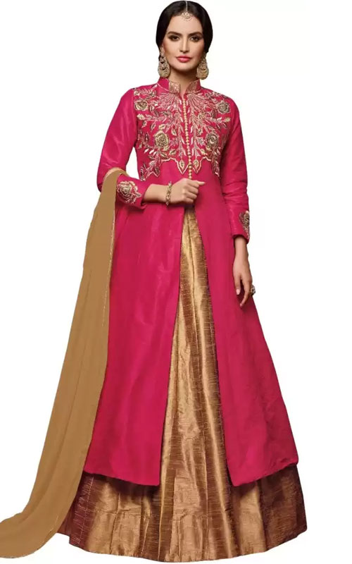 Silk Embroidered Semi-stitched Lehenga Kurta