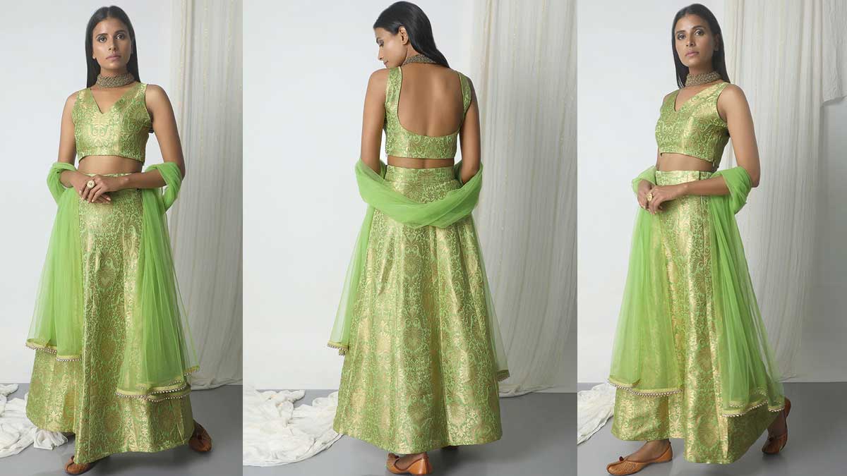 Green Pure Silk Brocade Skirt-Blouse Lehenga Set