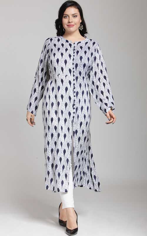 White & Navy Blue Printed Straight Kurta